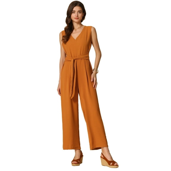 DARING DIVA Women's V Neck Casual Sleeveless Wide Leg Jumpsuit S Orange
