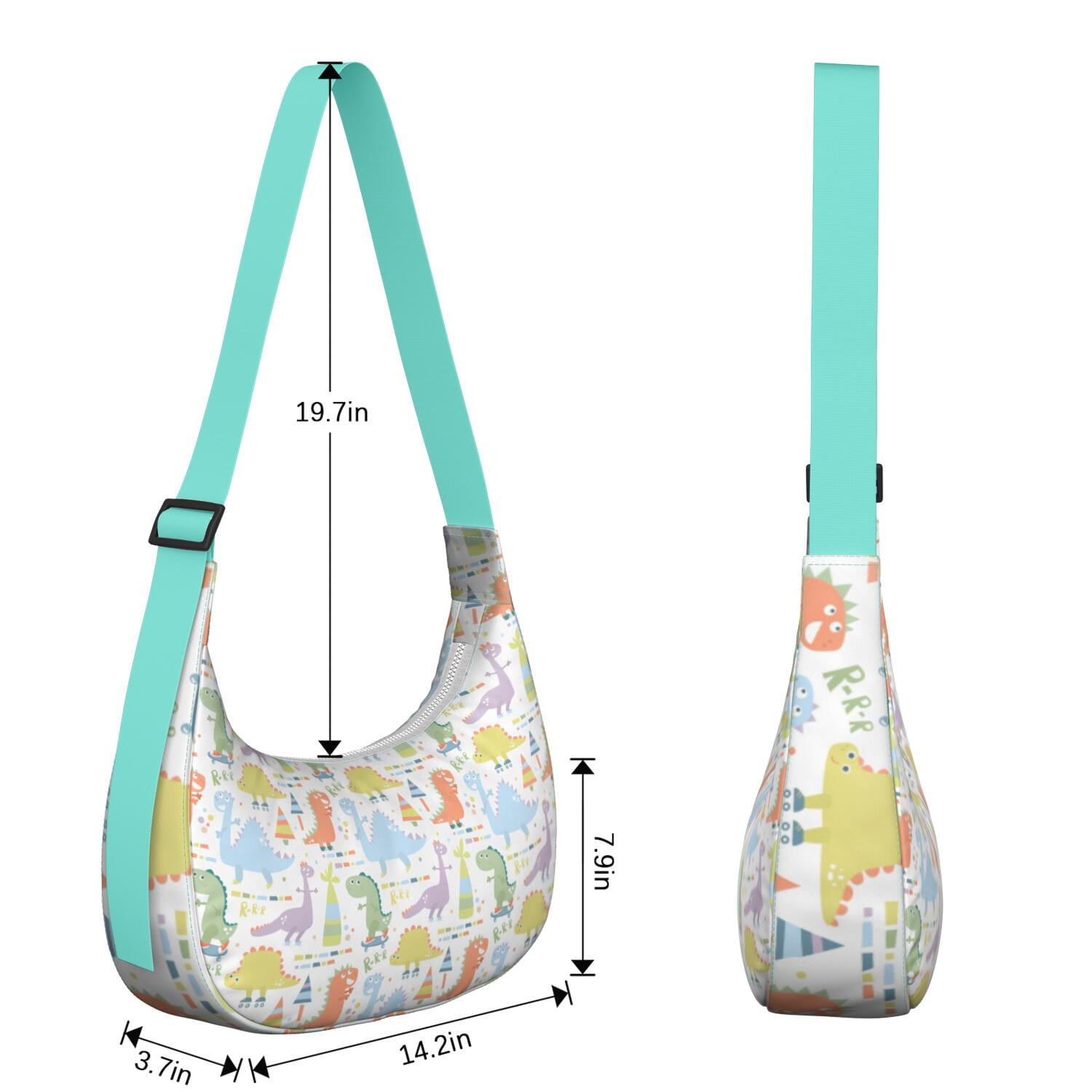 Cute Cartoon Dinosaur Crescent Crossbody Bag for Mens Women , Dino Skeleton Print Pattern Shoulder Bag, Funny Colorful Travel Backpack for Jurassic Travel Picnic Use