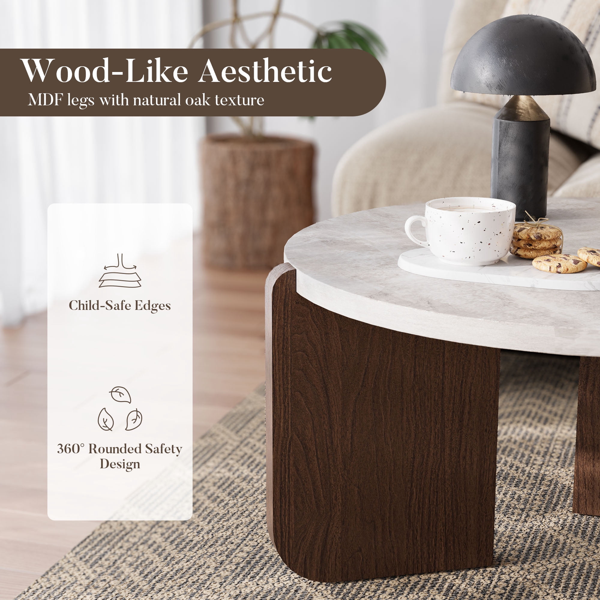 FOROUTIA Round Coffee Table with Faux Marble Top,Modern Walnut Legs Living Room Table