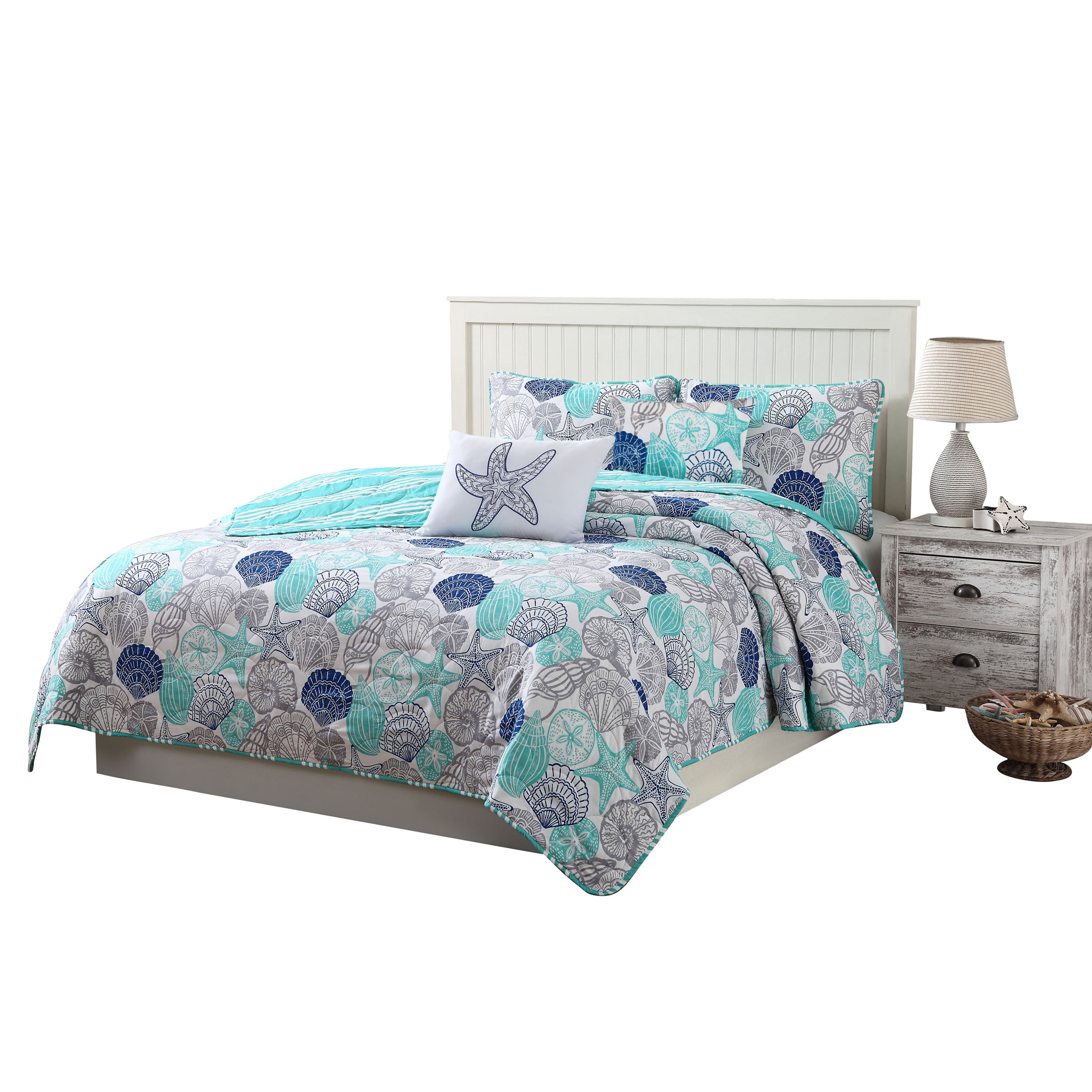 Bedding 4-piece Reversible Quilt Set, Gray/Blue/Aqua, Twin, Seashell & Starfish by Quaint Home