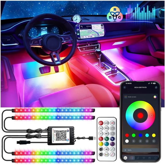 Car LED USB Interior Strip Lights with RF Remote Control, Dream RGB Color Car Ambient Lighting APP Control, Multicolor Footwell Under Dash Chasing Inside Light Kits for Cars Truck ATV, DC12V
