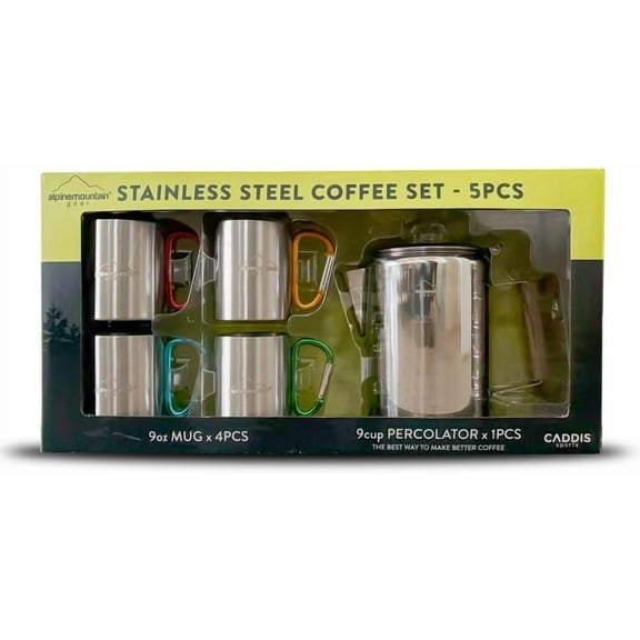 9-Cup Coffee Percolator Set with 4 Mugs (9 oz.) – Stainless Steel Camping Coffee Pot, Stovetop Percolator Coffee Maker for Home & Outdoor Use