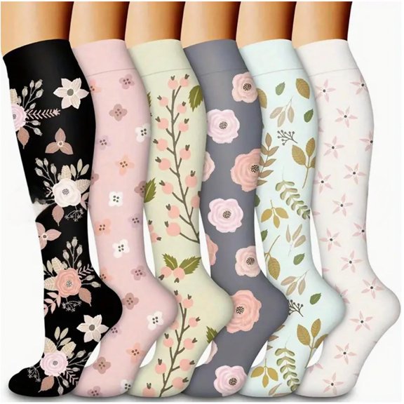 Xfvqtps 6 Pairs Socks for Womens Flower Pattern Long Knee High Home Tube Socks Warmth All-Season Highly Elastic Socks