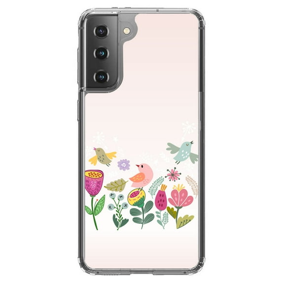 DistinctInk Clear Shockproof Hybrid Case for Galaxy S21  PLUS 5G (6.7" Screen) - TPU Bumper, Acrylic Back, Tempered Glass Screen Protector - Spring Collection - Flowers and Birds