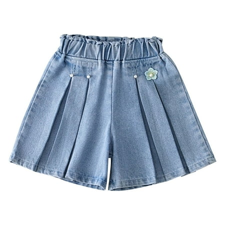 

LNMQLPDBS Girls Flower Decoration Ruffle Hem Denim Pleated Flared Shorts Casual Flowy Skirted Shorts