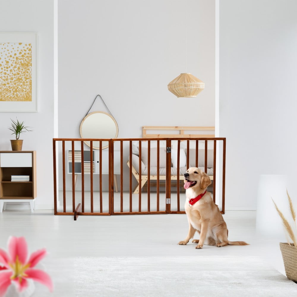 IVV 24"H Wooden Freestanding Pet Gate for Puppies, 3-Panels Dog Gate for The House, Doorway, Stairs, 53.5" Wide Pet Puppy Safety Fence (Brown)
