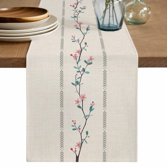 Beige Flower Branch Table Runner 72 Inches, Spring Summer Farmhouse Botanical Bed Runner Dresser Scarves Tabletop for Indoor Outdoor Parties/Ceremony/Banquet, 18" x 72"