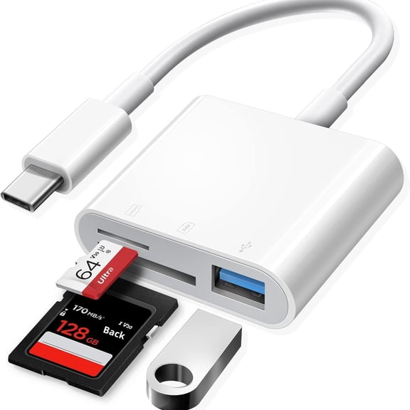 USB C Card Reader 3 in 1 Adapter Type C to SD TF USB Flash Drive Memory Card Reader for Laptop MacBook Tablet Smartphone White