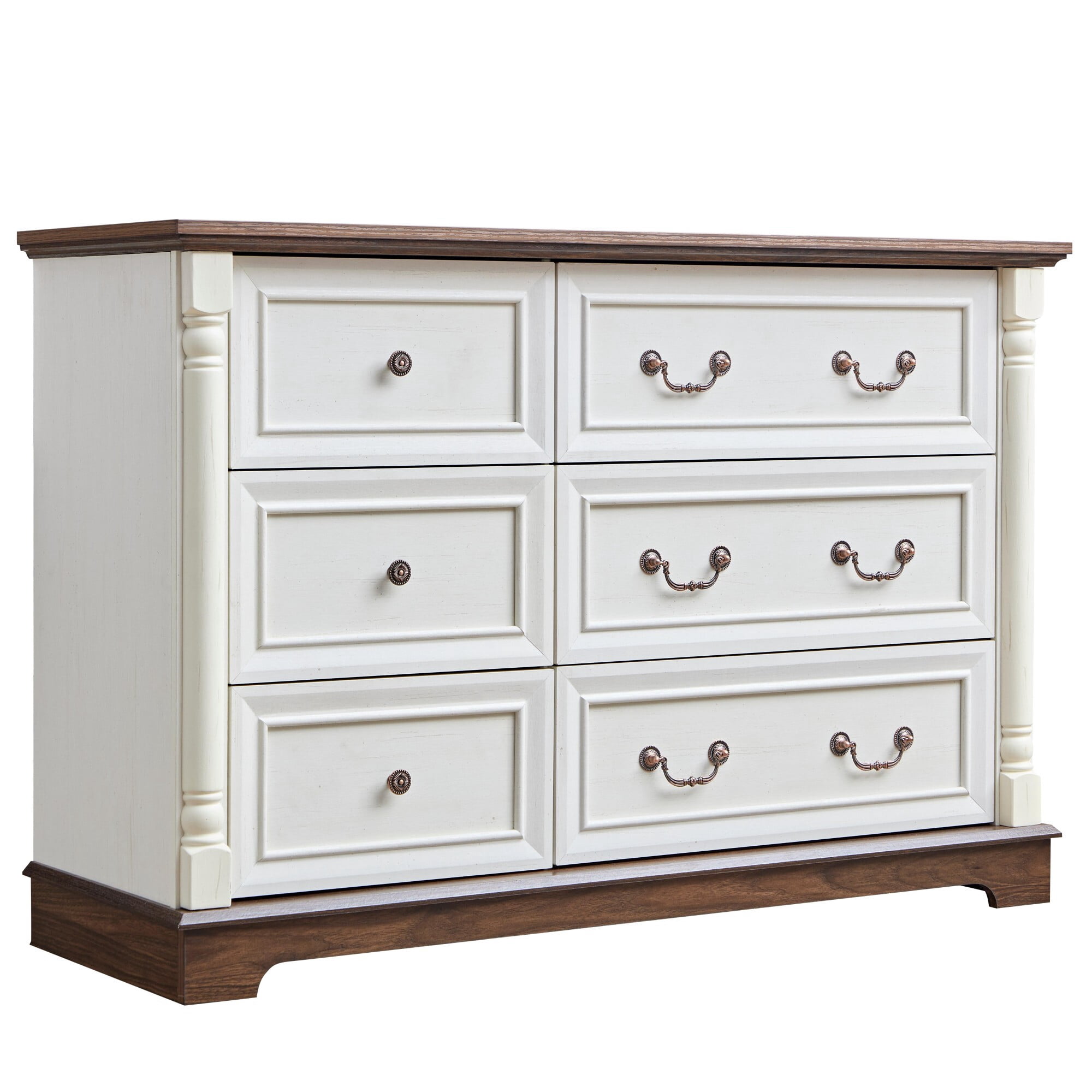 AENKYO 6-Drawer Wide Dresser, Rustic Farmhouse Chest of Drawers for Bedroom or Living Room, Antique White