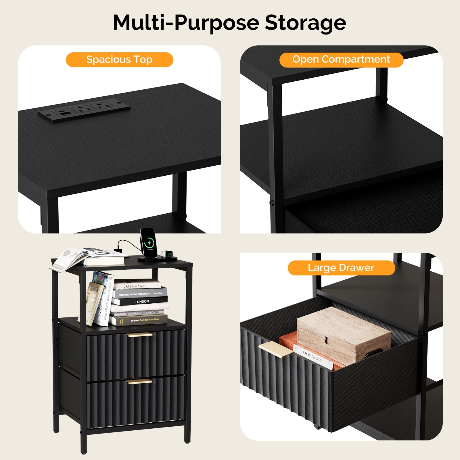 Ktaxon 2pc Nightstand with Charging Station End Table with 2 Fabric Drawers Bedside Table Furniture for Bedroom, Living Room,Fluted Wave Design
