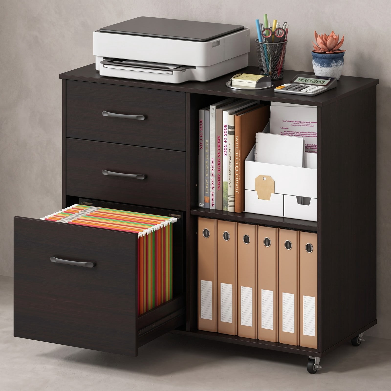 Furnibear 3-Drawer Mobile Lateral File Cabinet Printer Stand, Rolling Wood Filing Cabinet with Lockable Casters and Adjustable Shelf for Home Office, Fits, Dark Brown