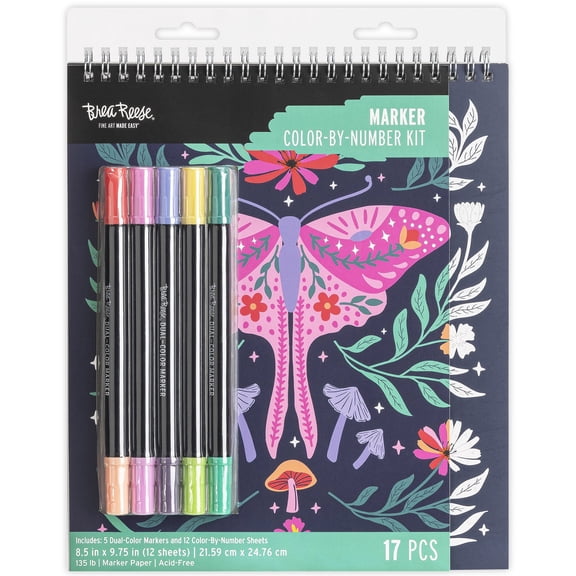 Brea Reese: Marker Color-by-Number Kit - Whimsical Botanicals - 5 Dual-Tip Markers, 12 Designs, Guided Art, 8.5 x 9.75" Pages, Adult Spiral Art Pad