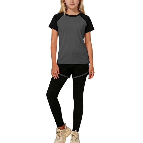 ITSAME Girls Athletic Outfit 3-Piece, Crewneck Shirt with Shorts and Pants School Uniform Kids Quick-Dry Sport Set Dark Gray 9-10T