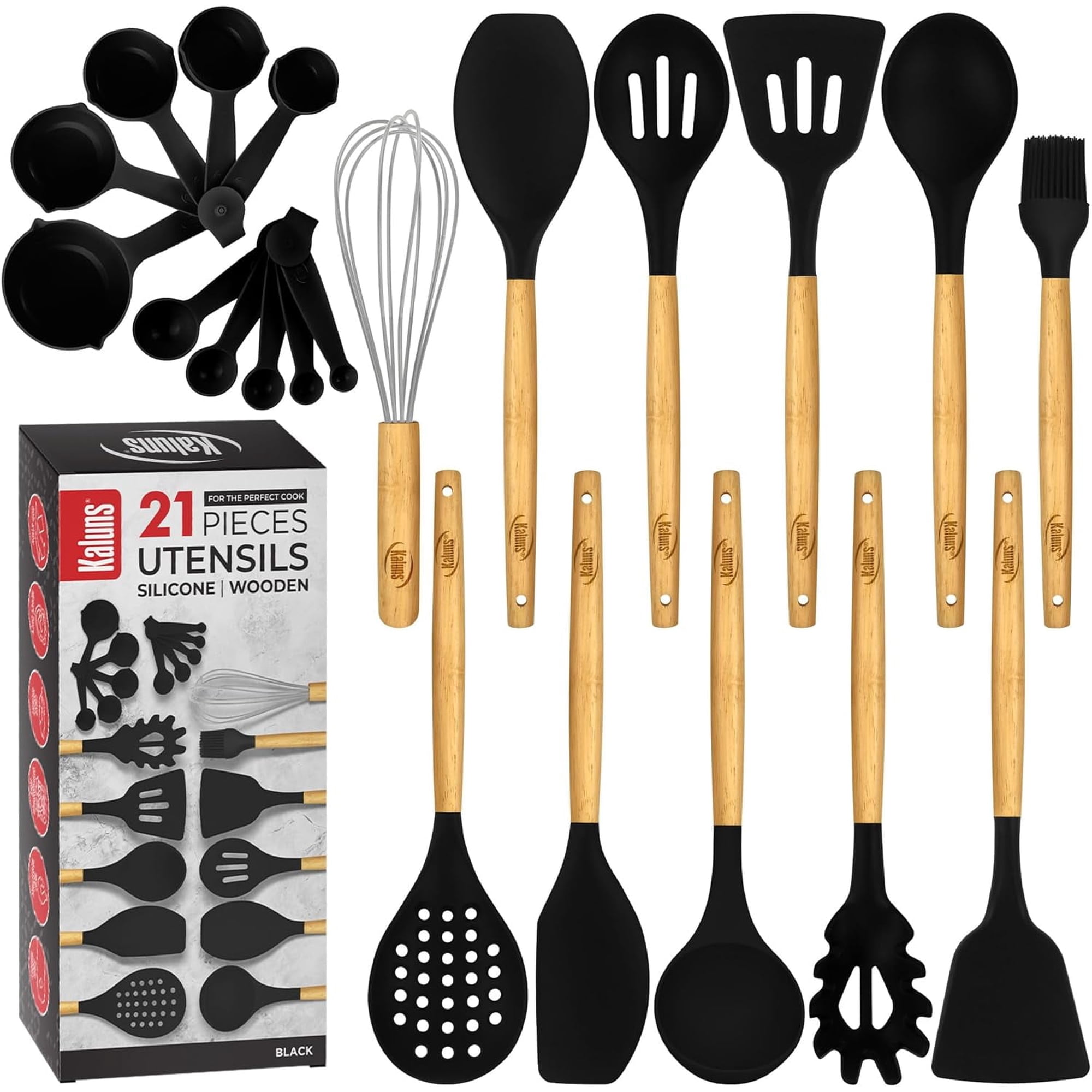 Kaluns 21 Pcs Wood and Silicone Kitchen Utensils Set for Cooking Household Essentials – Premium Cooking Utensil Set, Black