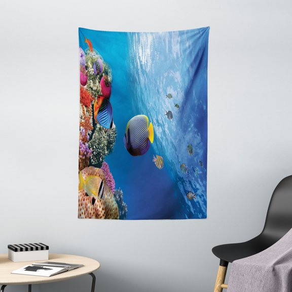 Under the Sea Tapestry, Tropical Emperor Long Living Angelfish in Underwater Exotic Marine Animal Image, Wall Hanging for Bedroom Living Room Dorm Decor, 40W X 60L Inches, Blue, by Ambesonne