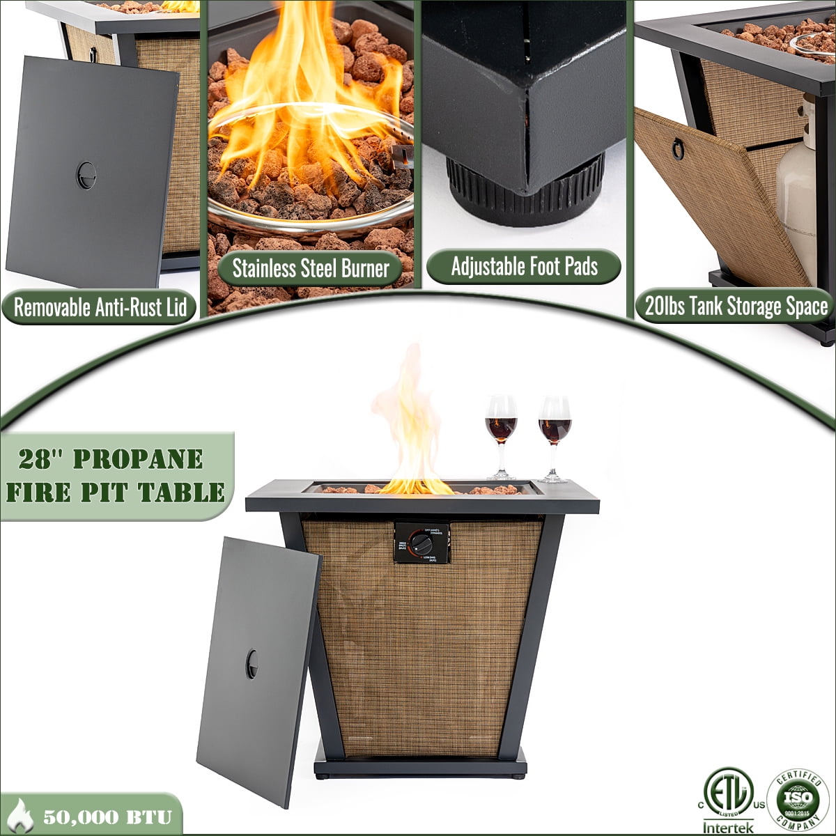 E-Western 28-Inch Propane Fire Pit Table with 50000 BTU Square Steel Fire Pit for Outdoor Patio Garden Courtyard Black+Brown