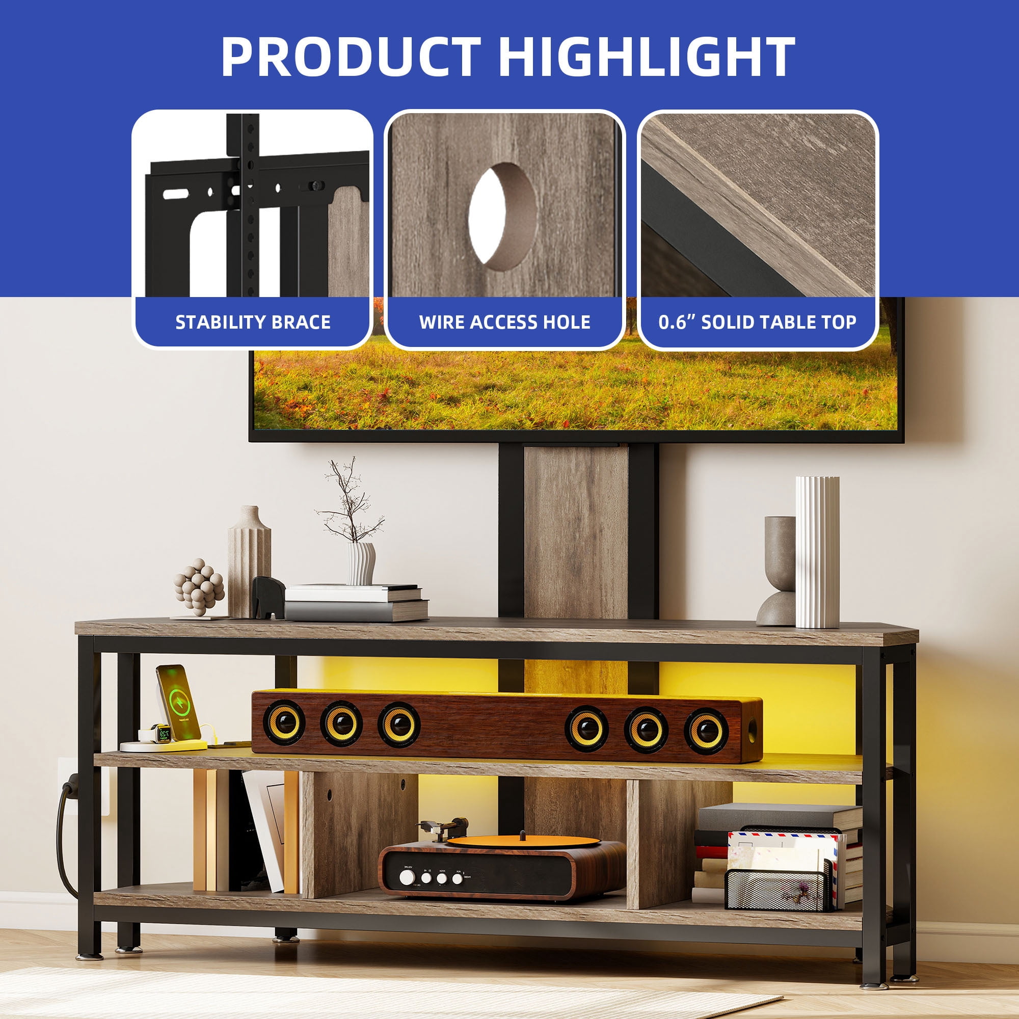 Uforic Height Adjustable TV Stand Mount with Power Outlet with LED Lights for TVs up to 70 inches, Gray