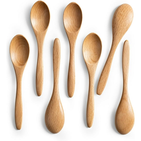baomifa-7 PCS Small Wooden Spoons, 5.8 Inch Honey Spoons for Tea, Beech Wooden Honey Teaspoon for Coffee, Little Tiny Wood Spoons, Bamboo Table Spoon for stirring, Wooden Spoons for Utensils Set