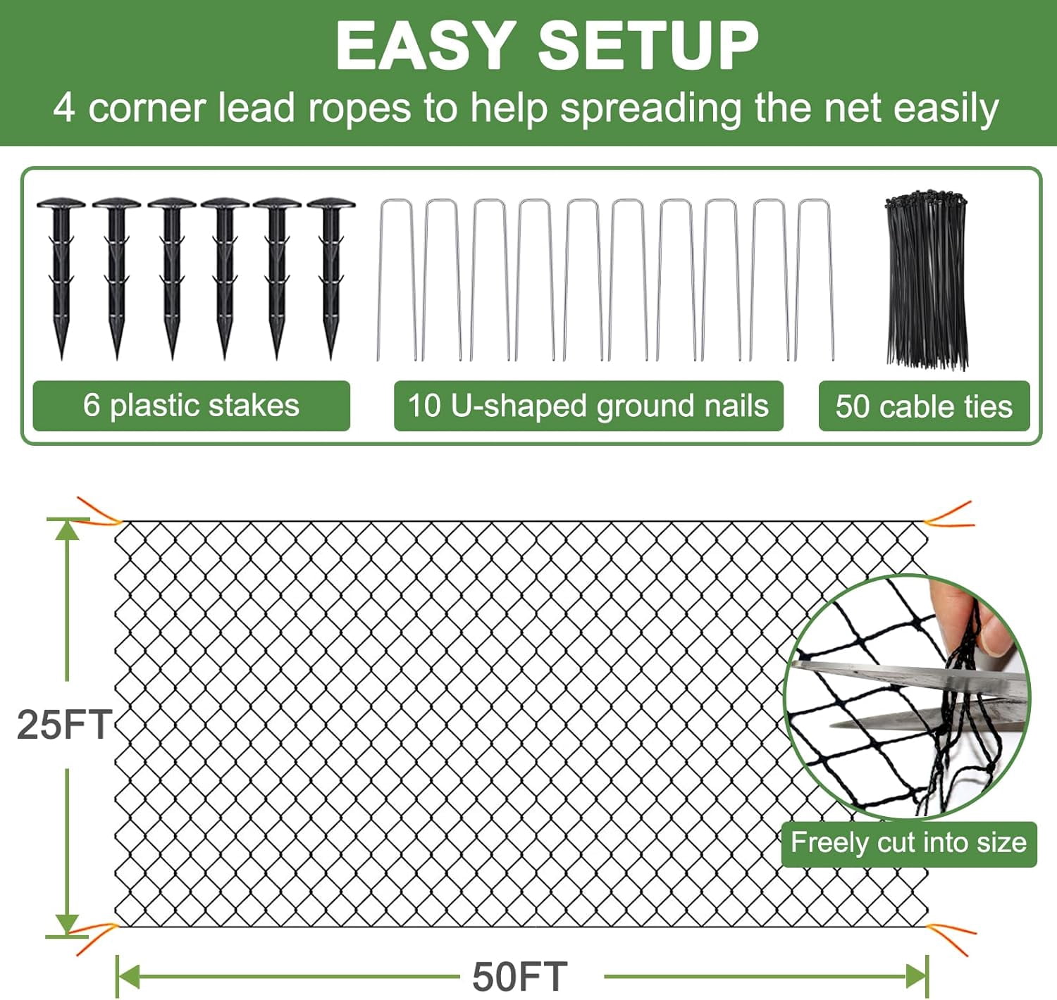 Bird Net - 25' x 50' Garden Netting with 2.4" Square Mesh Protect Fruit Tree, Plant and Vegetables from Poultry, Deer Pests, Heavy Duty for Garden, Farm, Orchard