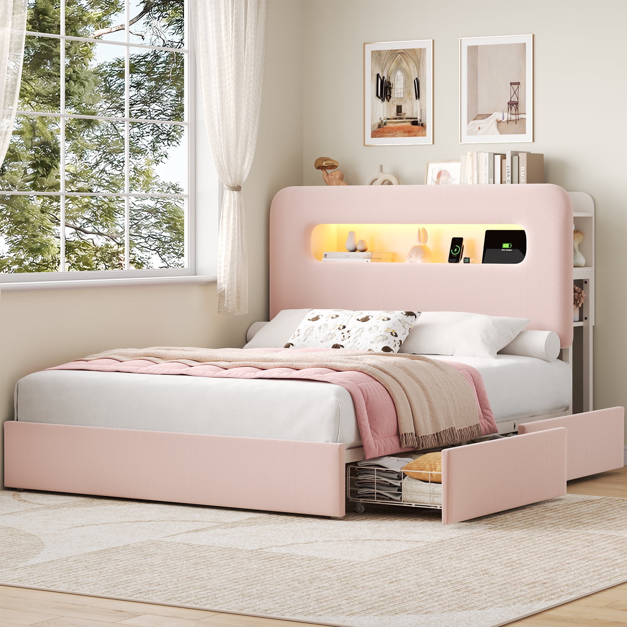 Homfa Full Size Velvet Upholstered Bed with LED Lights & 2 Drawers, Storage Headboard Platform Bed Frame with USB Ports & Outlets, Pink