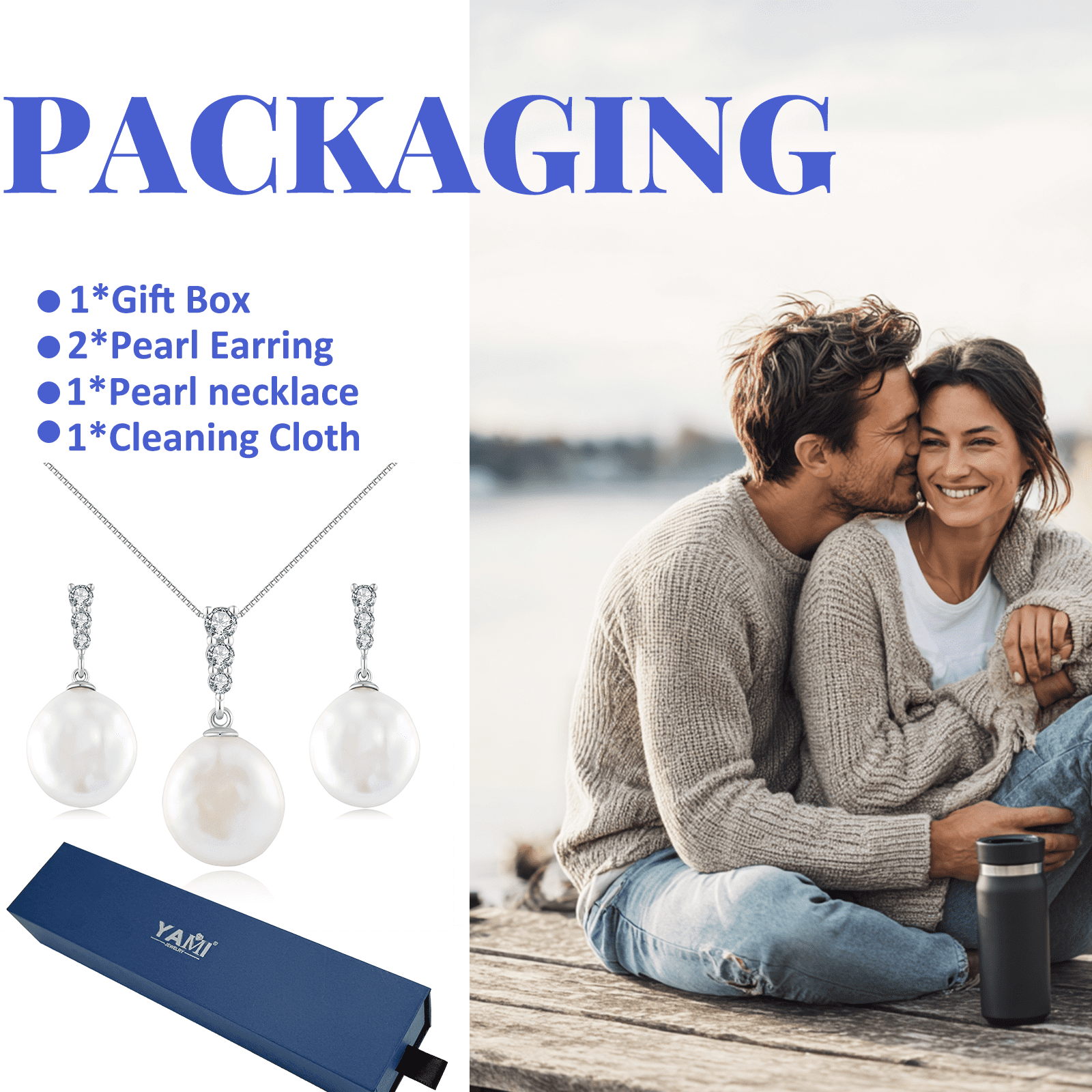 YAMI 9-10mm Cultured Pearl Necklace & Earrings Set 925 Sterling Silver CZ Button Pearl  Jewelry Gift for Women