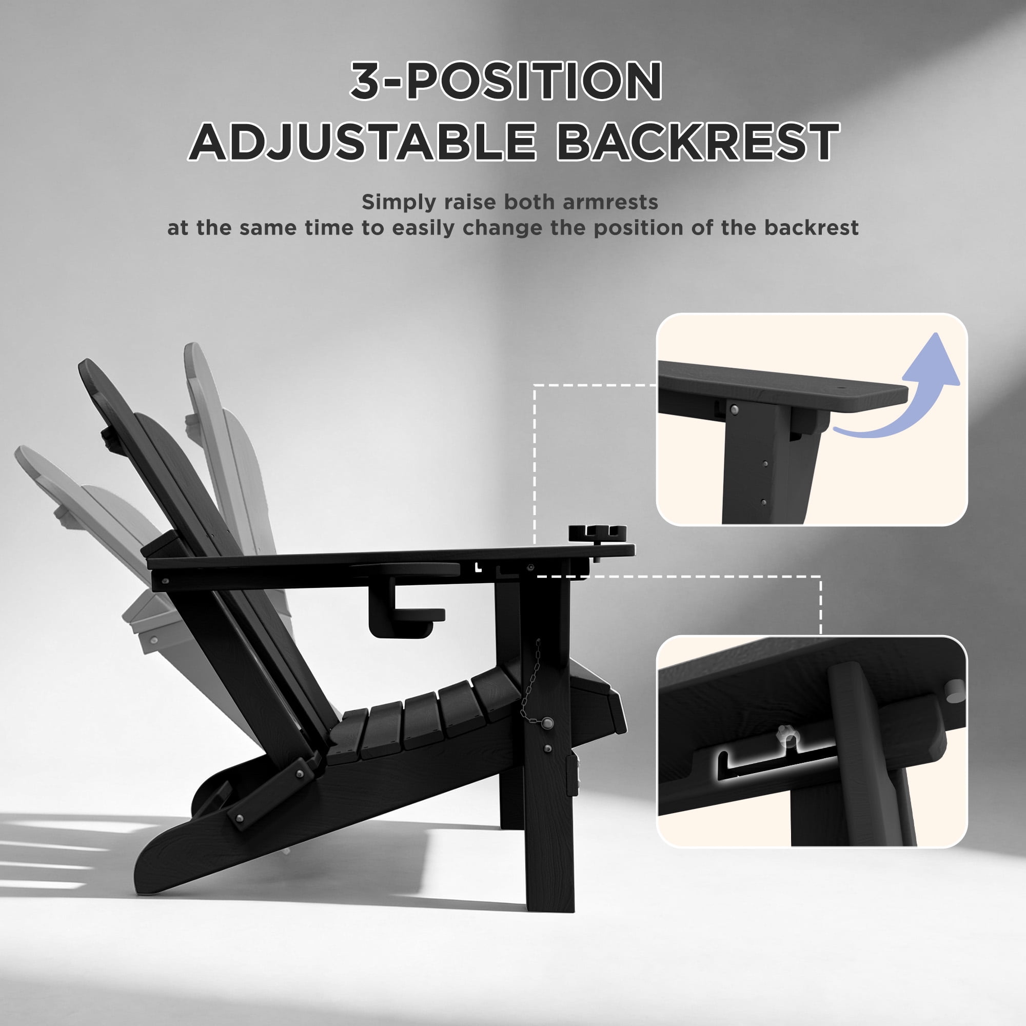 Tappio Folding Adirondack Chair Set of 2, All Weather HDPE Outdoor Patio Chairs with 3- Position Adjustable Backrest, Detachable Multifunctional Holders and Cup Holders, Fire Pit Chairs, Black