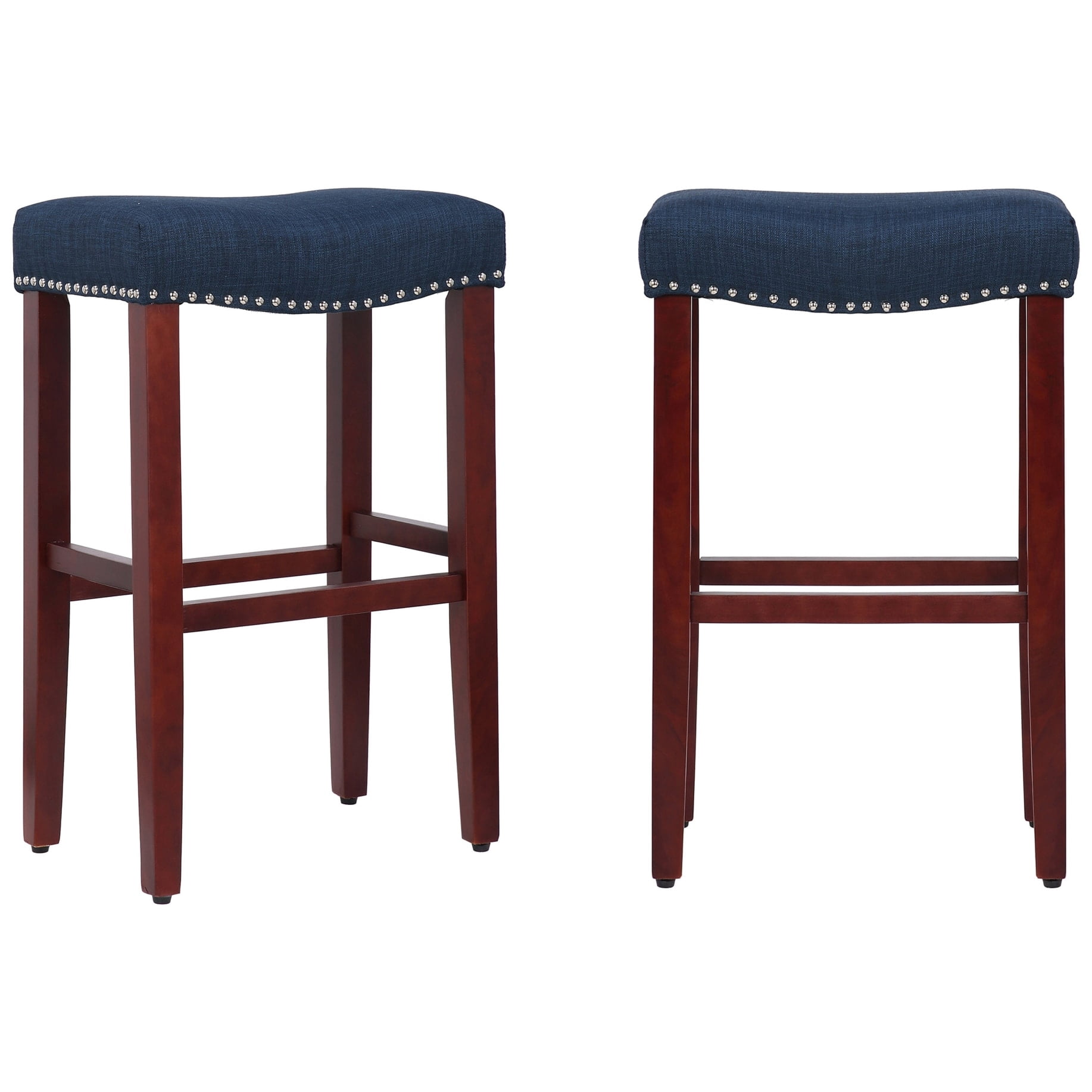 29" Inch Upholstered Saddle Seat Counter Stool (Set of 2), Cherry/Navy Blue