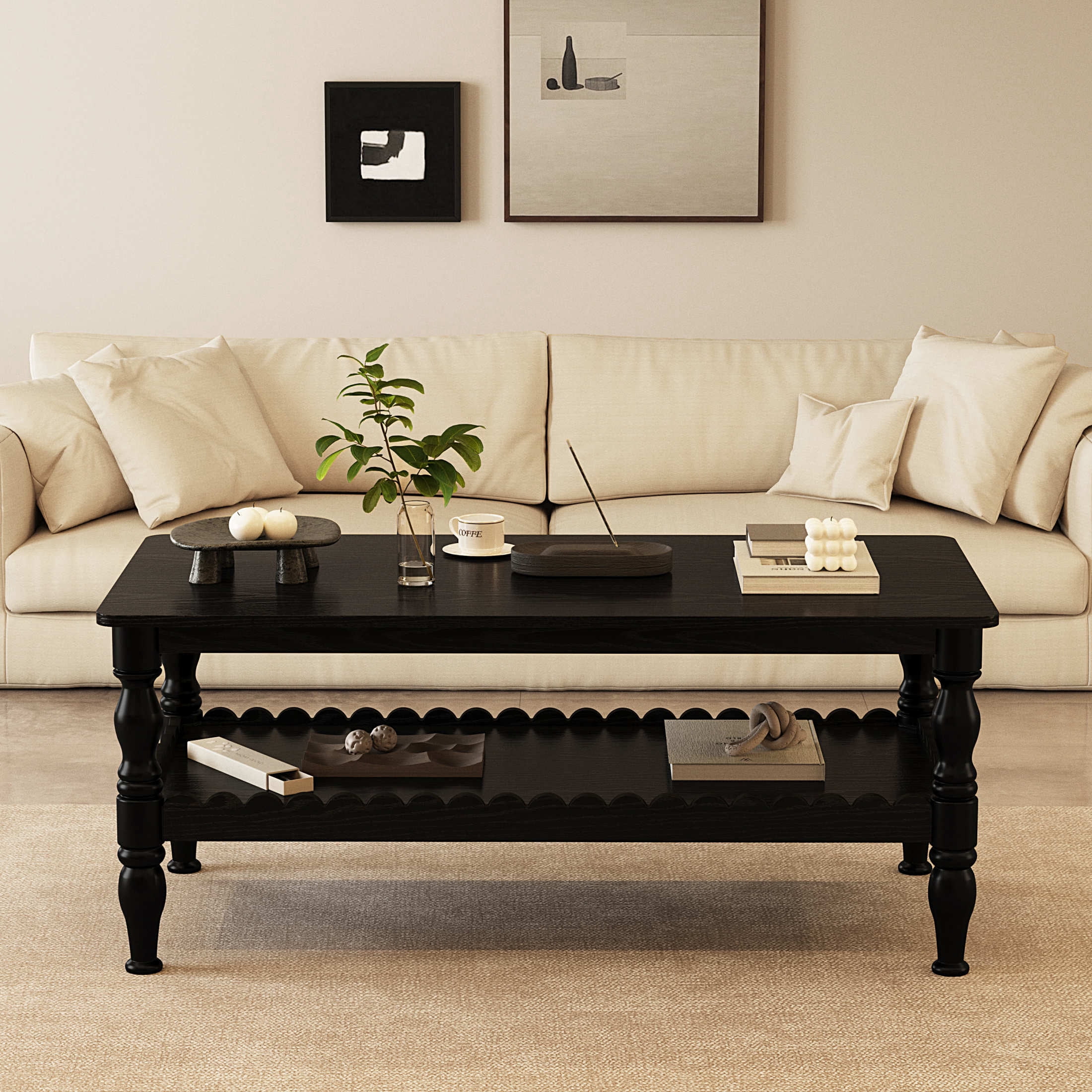 Noble House Arlen 43.3" Rectangular Farmhouse 2-Tier Wooden Coffee Table with Wave-Edge Shelf, Antique Black