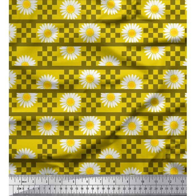 Soimoi polyester Crepe Fabric Stripe,Square & Daisy Floral Printed Fabric 1 Yard 52 Inch Wide