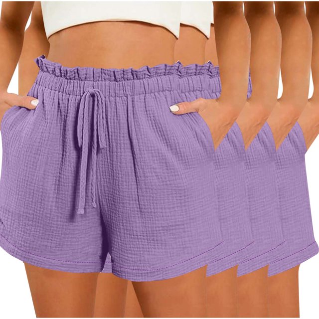 Hyknon Womens Shorts Summer Casual Solid Color Comfortable Loose Fitting 4PC Workout Shorts Elastic Waist Drawstring Sports Gym Running Shorts with Pockets