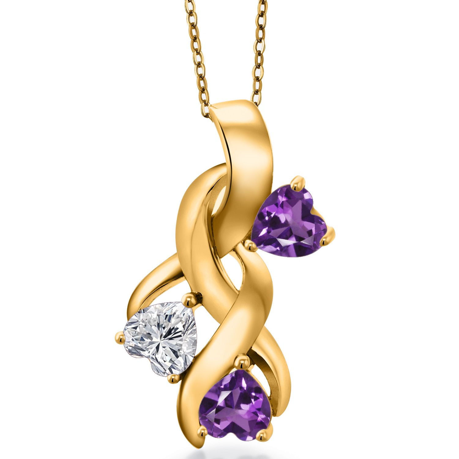Gem Stone King 18K Yellow Gold Plated Silver Lab Grown Diamond and Purple Amethyst Pendant Necklace for Women | 1.28 Cttw | Gemstone April Birthstone | Heart Shape 5MM | With 18 inch Chain