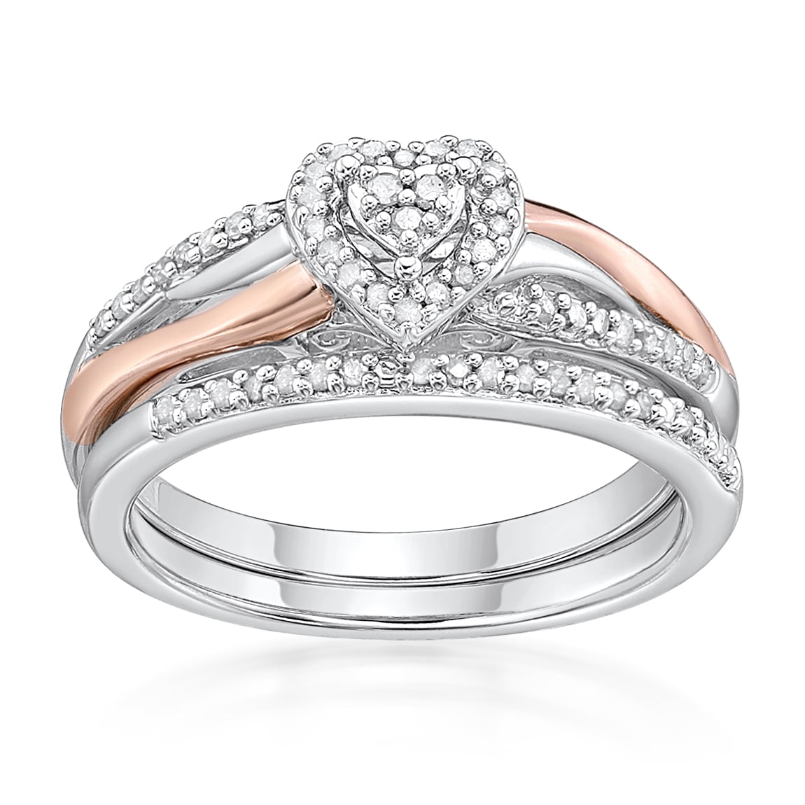 Jay Heart Designs 1/5 Carat T.W. 925 Sterling Silver and 14kt Gold Heart Ring Set