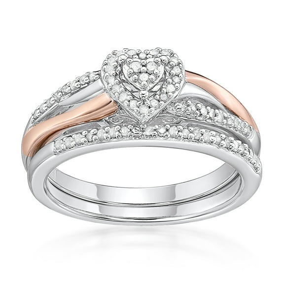 forever Bride Two Tone Heart Diamond Bridal Ring Set, 14K Rose Gold, 925 Sterling Silver