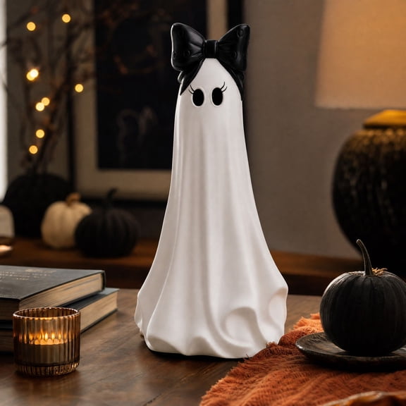 Texas Large Ghost Tabletop Decoration - Matte White Resin Standing Ghost Tabletop Figurine with Black Bowknot, 7.87in Gentle Whimsical Autumn Halloween Indoor Shelf and Mantel Decoration