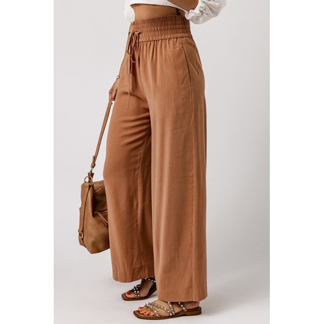 ABPHQTO Pantalones de pierna ancha informales con cintura elástica y cordón marrón para mujer