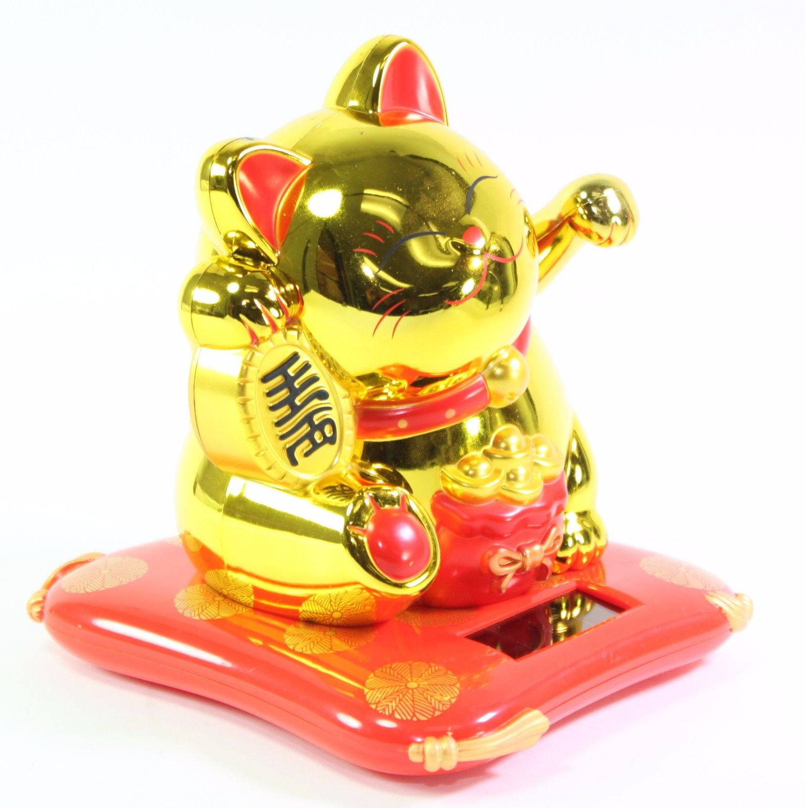 Large 5.5" Lucky Cat Maneki Neko Beckoning Fortune Gold Solar Toy Feng Shui Decor B11633