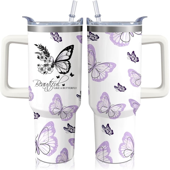 Butterfly Tumbler with Handle and Straw, 40oz Purple Travel Coffee Mug Water Bottle with Lid, Stainless Steel Insulated Cup, Birthday Gifts for Women Animal Lovers