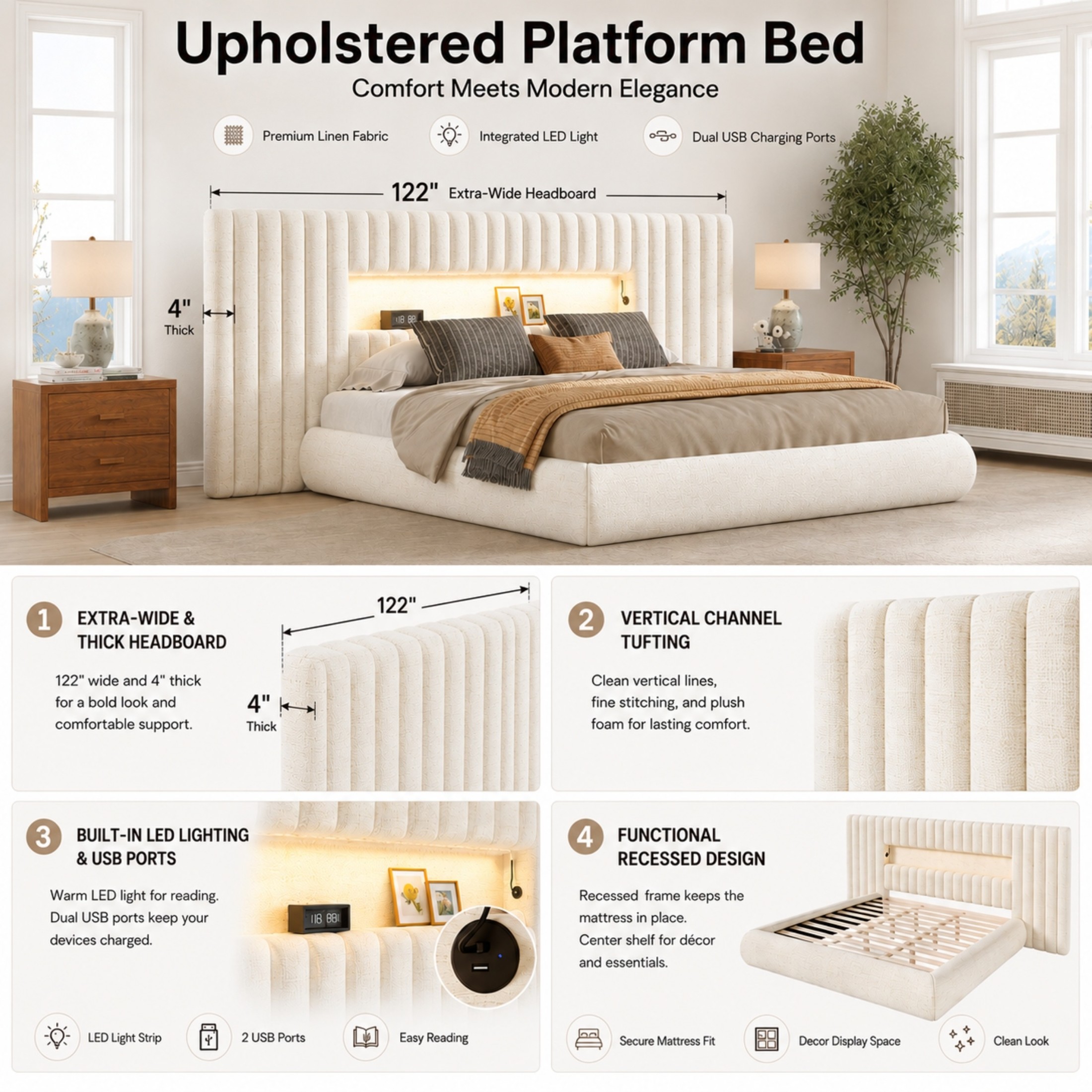 Christopher Knight Home Upholstered Platform Bed Frame with Thick Oversized Headboard, LED Lights, USB Ports, Beige