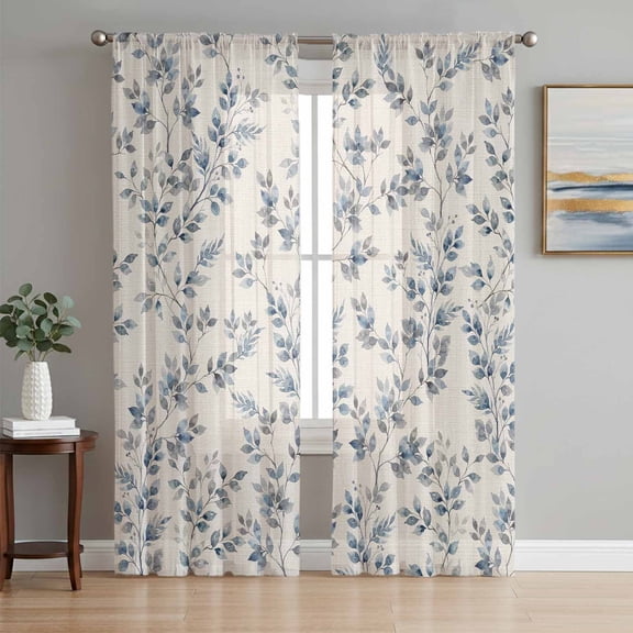 Navy Blue Leaves Sheer Curtains 72 Inch Length 2 Panels Set Window Treatments, Vintage Summer Botanical Farmhouse Rustic Rod Pocket Semi Curtains for Living Room/Bedroom/Kitchen Décor, 104"W x 72"L