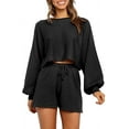 thumbnail image 2 of Women's 2 Piece Knit Outfits Puff Sleeve Crop Top Shorts Set Sweater Sweatsuit, 2 of 6