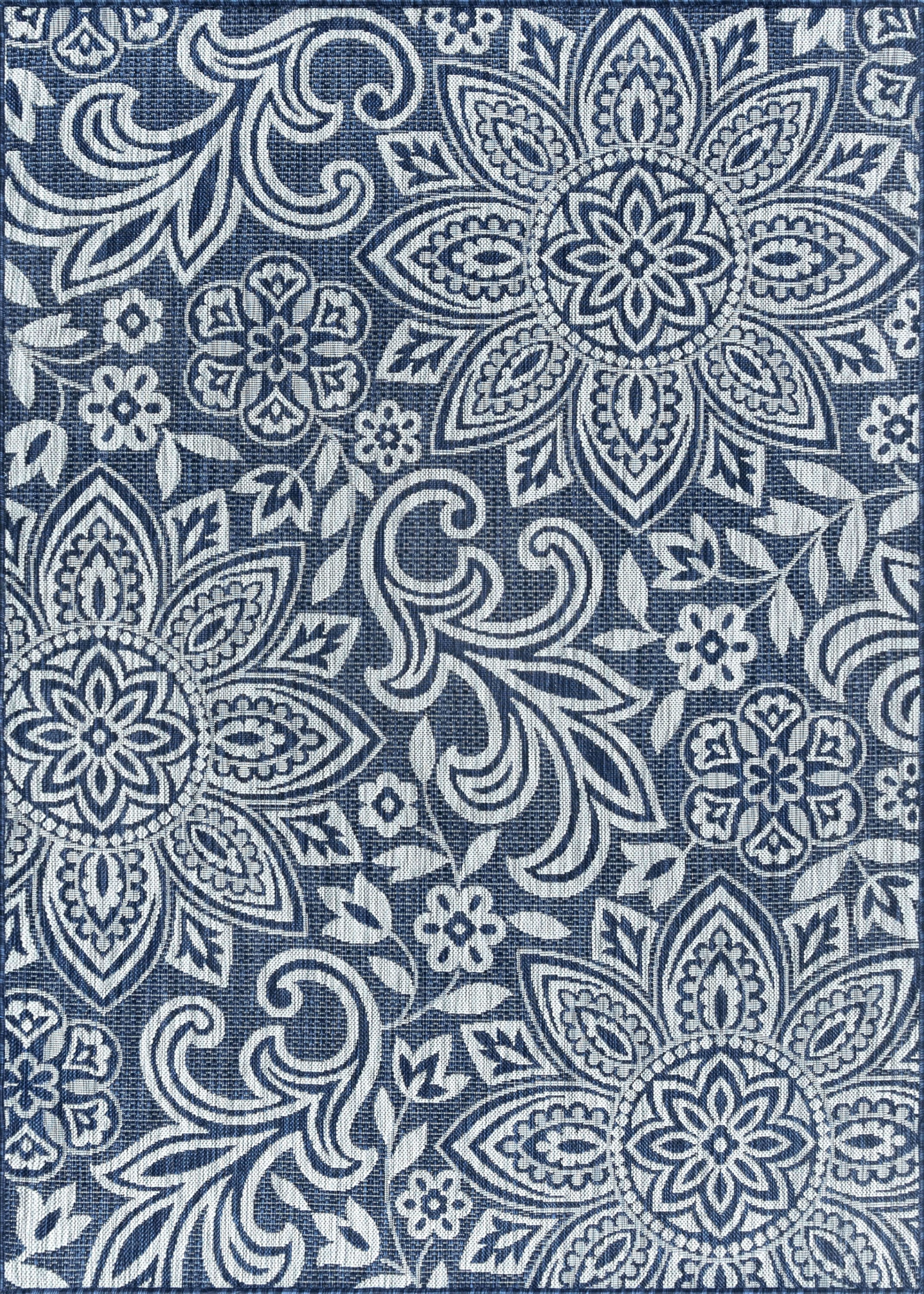 Bliss Rugs Floral Large Indoor Outdoor Area Rug for Patio, Porch, Garden | Navy and Light Gray, 5'3''x7'3''