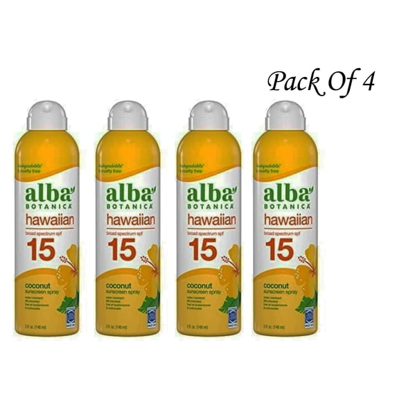 Alba Botanica Sunscreen Spray for Face and Body, Broad Spectrum SPF 15 Sunscreen, Hawaiian Coconut, Water Resistant and Biodegradable, 5 fl. oz. (Pack Of 4)