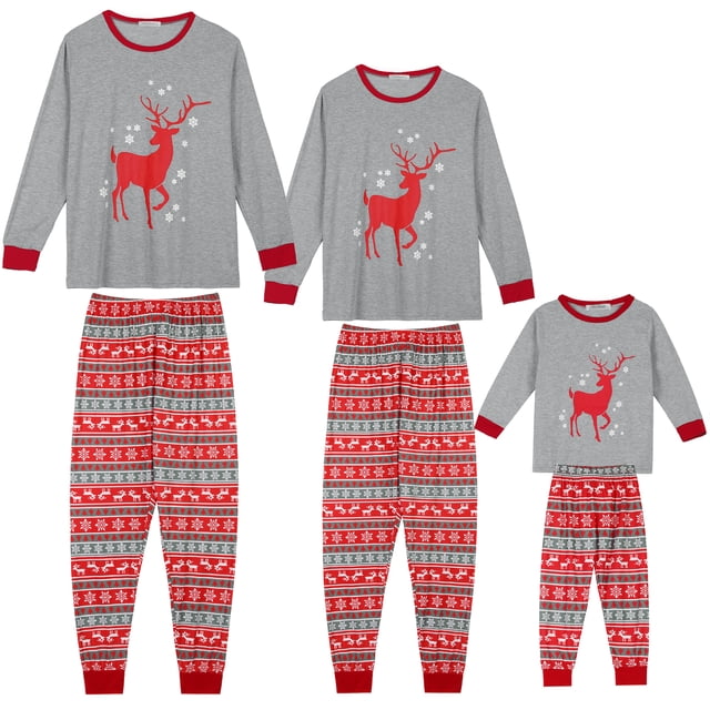 Conjunto de pijamas familiares de inspiración chic con estampado de ciervo navideño, camiseta de manga larga con pantalones, para niños y niñas, color rojo