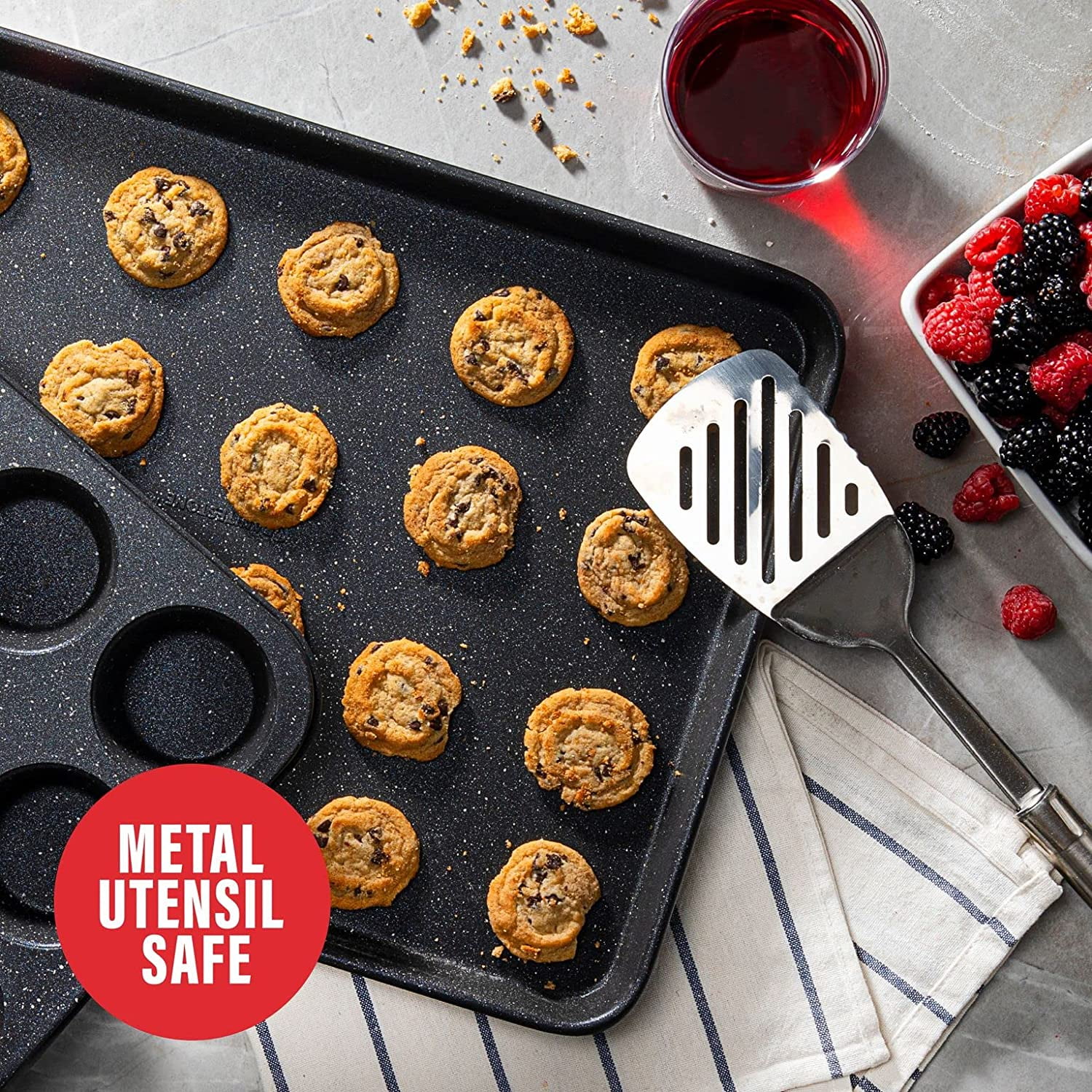Granitestone Black Nonstick Bakeware Set, 5 Piece Baking Pans Set, Dishwasher Safe, No Warp & Even Heating, Oven Safe with Square & Round Baking Pan, Muffin and Loaf Pan & Baking Sheet