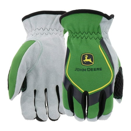 

West Chester John Deere JD00035-XL Split Cowhide Palm Gloves Green/Grey/Black Large Slip-On Spandex Back Gloves with Keystone Thumbs