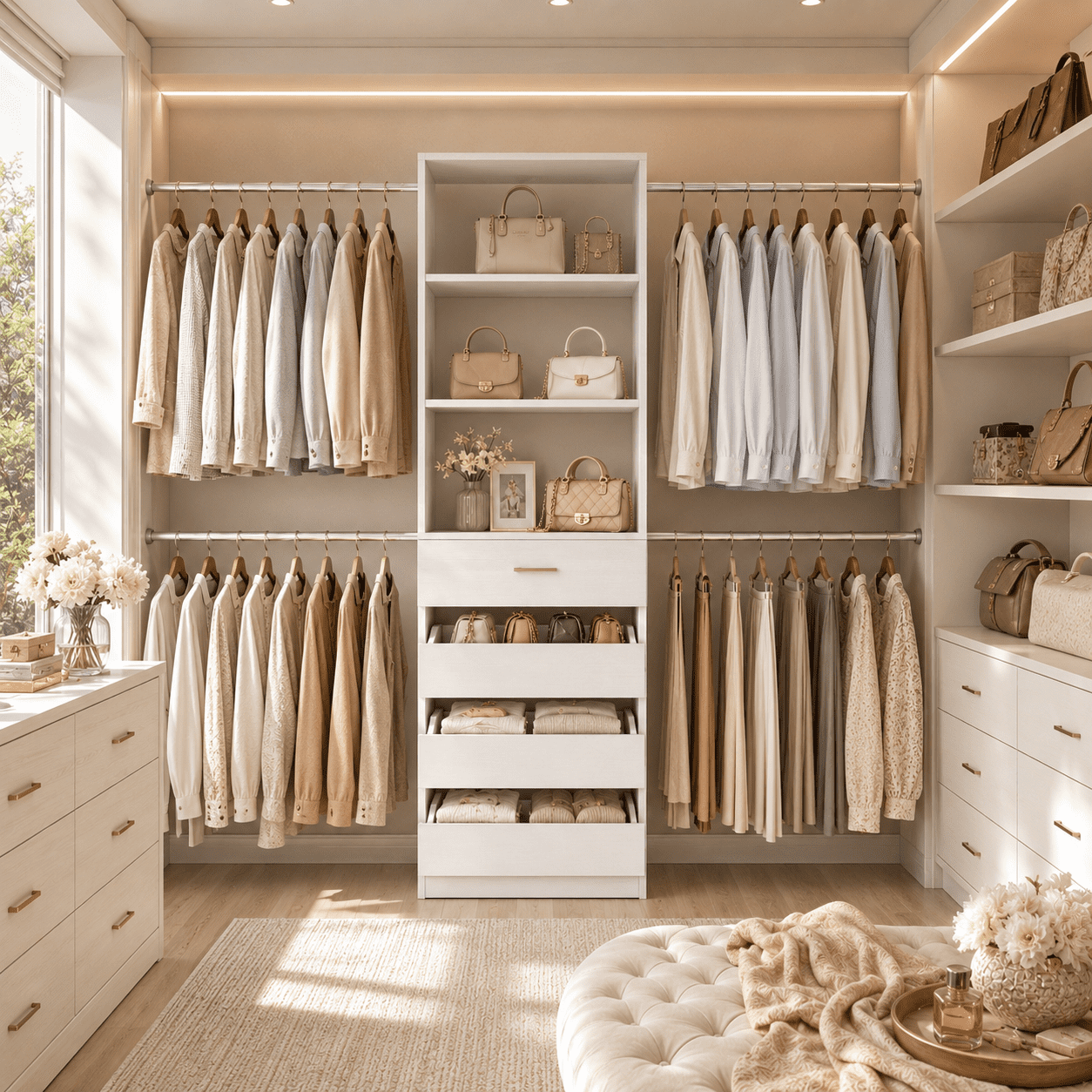 Homieasy 4-9 Ft Adjustable Wooden Closet Organizer System with 4 Drawers, 4 Hanging Rods & Shelving Towers - Heavy Duty Walk-in Wardrobe Rack, Space-Saving Design, Easy Assembly,White