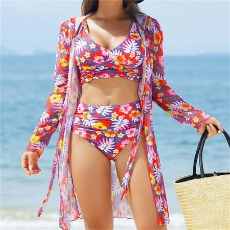 Xixinqiwan Women s Swimsuit Set on Clearance Women Solid High Cut Lace Up Bathing Suit Tummy Control Push Up Bikini Set Three Piece Beach Swimwear