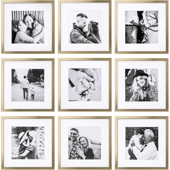Square Picture Frame, Gold Gallery Wall Frame Set Display Pictures 8x8 inch with Mat or 12x12 inch Without Mat, Wall Hanging Photo Frame for Living Room or Staircase Decoration (9 Pack)