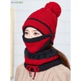 thumbnail image 3 of BadPiggies 3 in 1 Winter Knitted Beanie Hat Scarf Mask Set, Fleece Lined Face Neck Warmer Set for Women Girls Ski Caps with Pompom (Red), 3 of 7