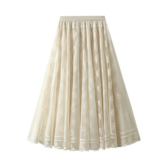 Womens Long Tulle Skirt Pleated A Line Long Skirt High Waist Elastic Mesh Flowy Swing Maxi Skirt for Wedding Party